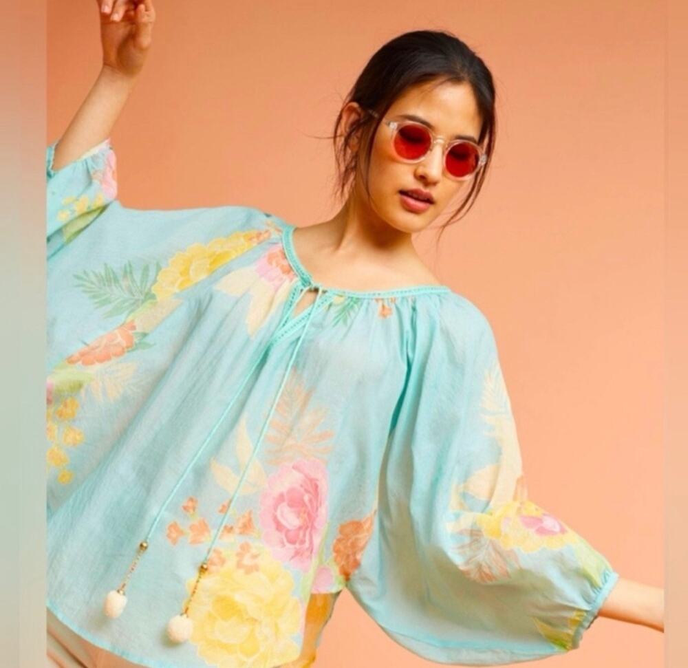 Farm Rio Basel Peasant Top Floral Sheer Cotton Beaded Tassels